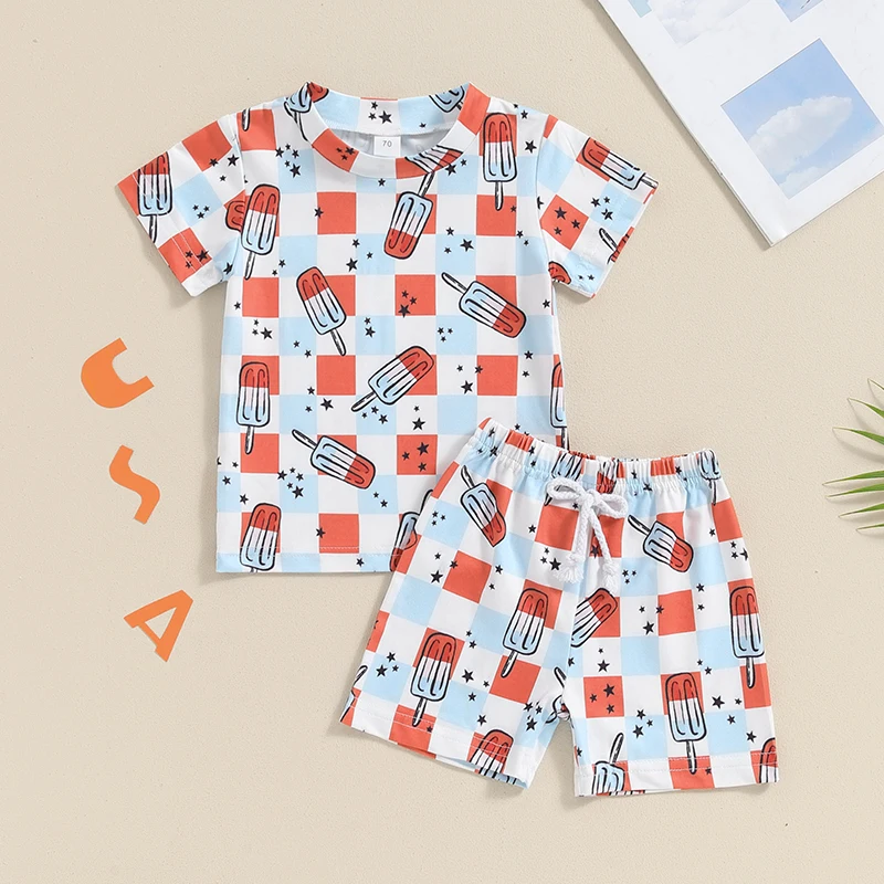 Lioraitiin Summer Baby Boys 4th of July Clothes Set Plaid Popsicle Print Short Sleeve T-shirt with Elastic Waist Shorts Outfit