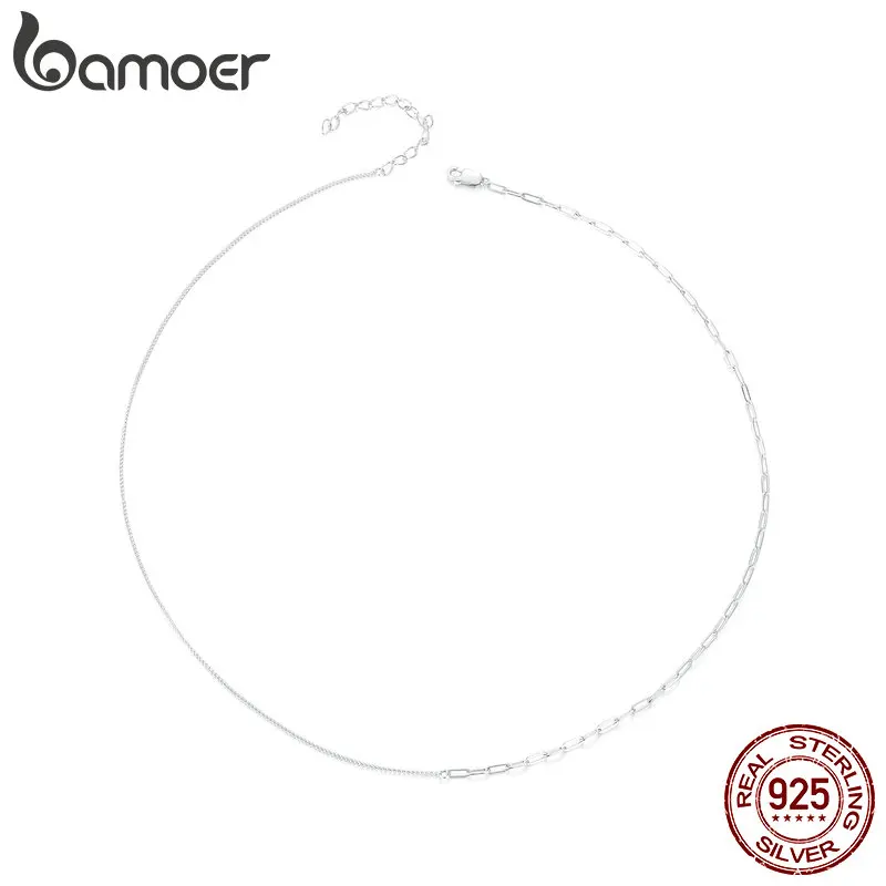 Bamoer 925 Sterling Silver White Gold Plated Simple Splicing Necklace Stacked Box Chain Link for Women Daily Wearing Jewelry