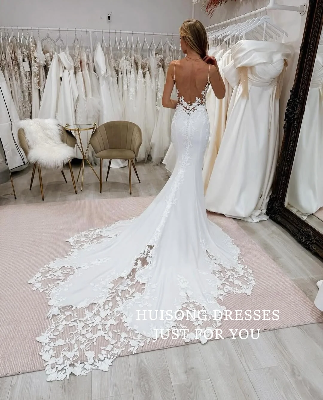 HUISONG مخصص الدانتيل يزين الساتان حورية البحر فساتين الزفاف السباغيتي الأشرطة أكمام فستان زفاف الشاطئ vestidos de novia