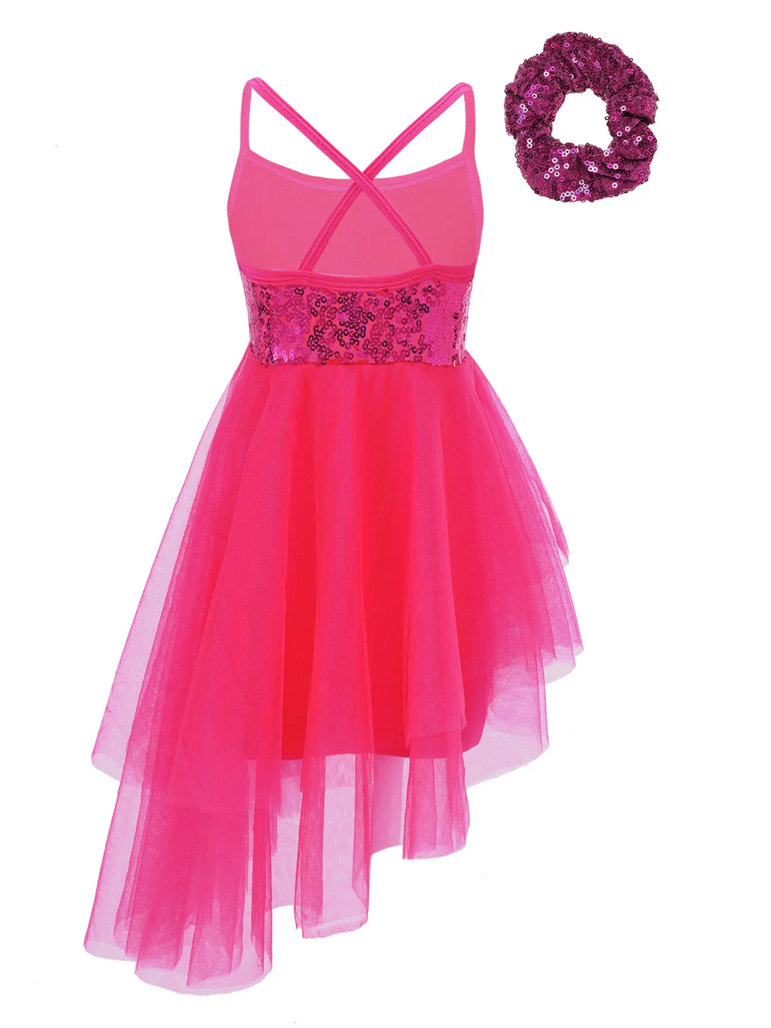 Bambini ragazze senza maniche paillettes Tulle danza classica ginnastica body vestito con cravatta per capelli copricapo