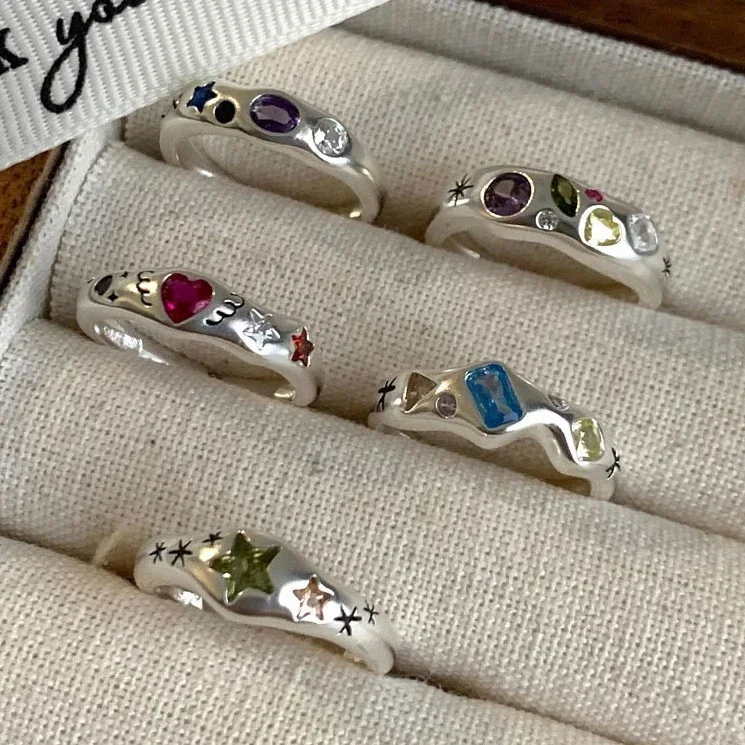 

Real 925 Sterling Silver Colorful Zircon Round Rings for Women Minimalist Opening Fine Jewelry Trendy Sweet Cool Accessories