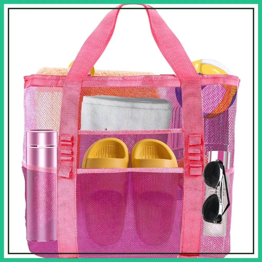 

Large Mesh Beach Bag - Lightweight & Foldable with 9 Pockets for Toys, Towels & Vacation Essentials