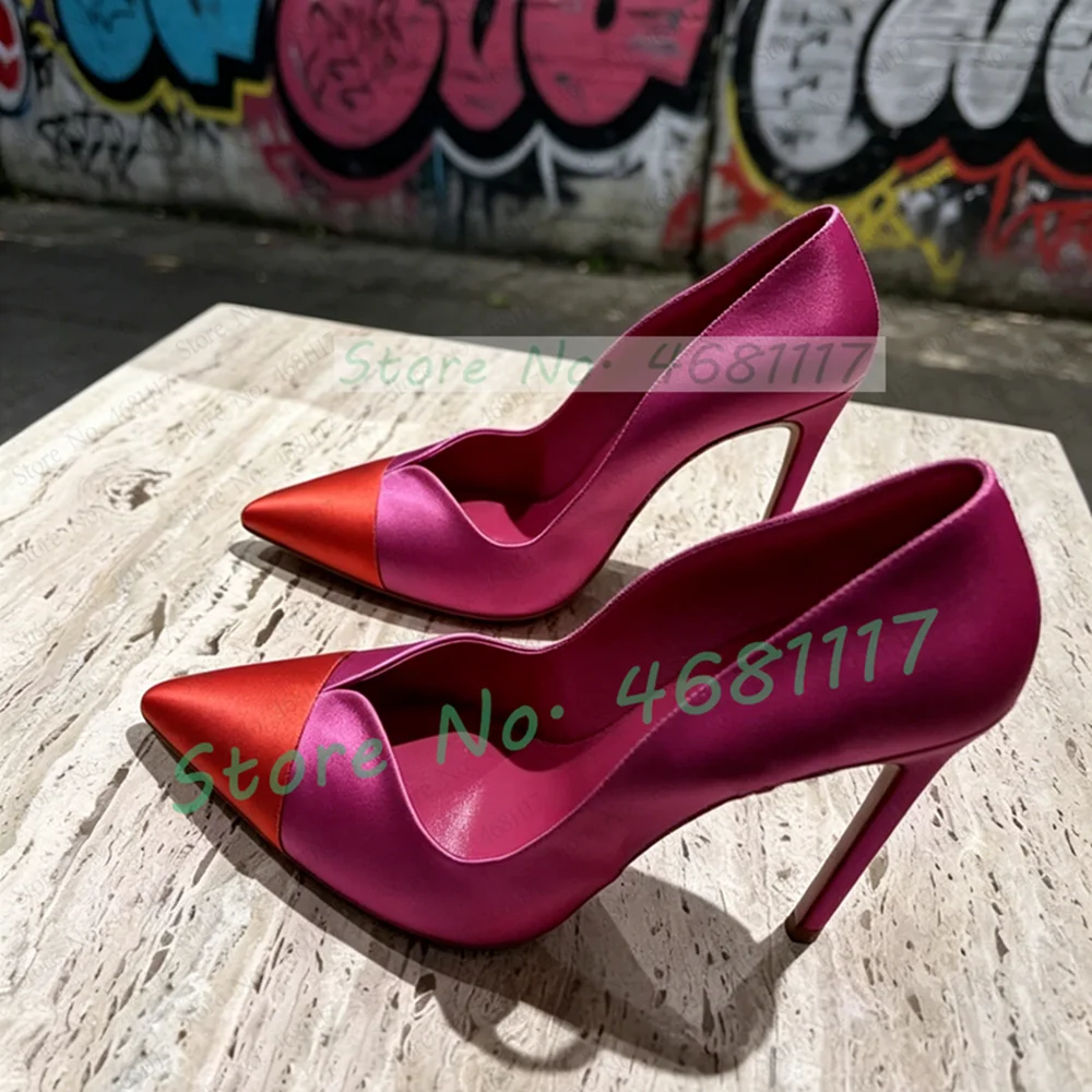 Rose Red Satin Pumps With Red Pointed Toe Women Sexy Wavy Edge Design High Heels Ladies Nifty Large Size Party Stiletto Shoes view 2