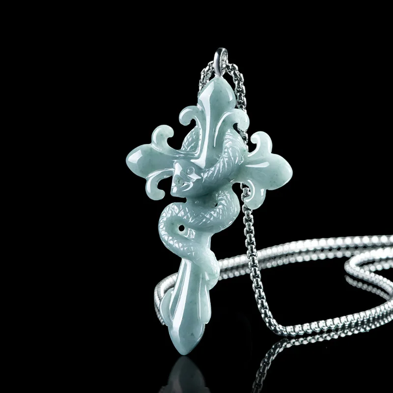 Original Natural A-grade Jade Snake Year Charms Cross Spirit Snake S925 Silver Ice Jadeite Male Female Hip Hop Pendant Jewelry