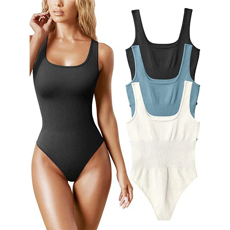

New Sexy Square Neck Tummy Control Thong Body Shaper Seamless Sculpting Bodysuit Shapewear Women Ribbed Slimming Tank Tops