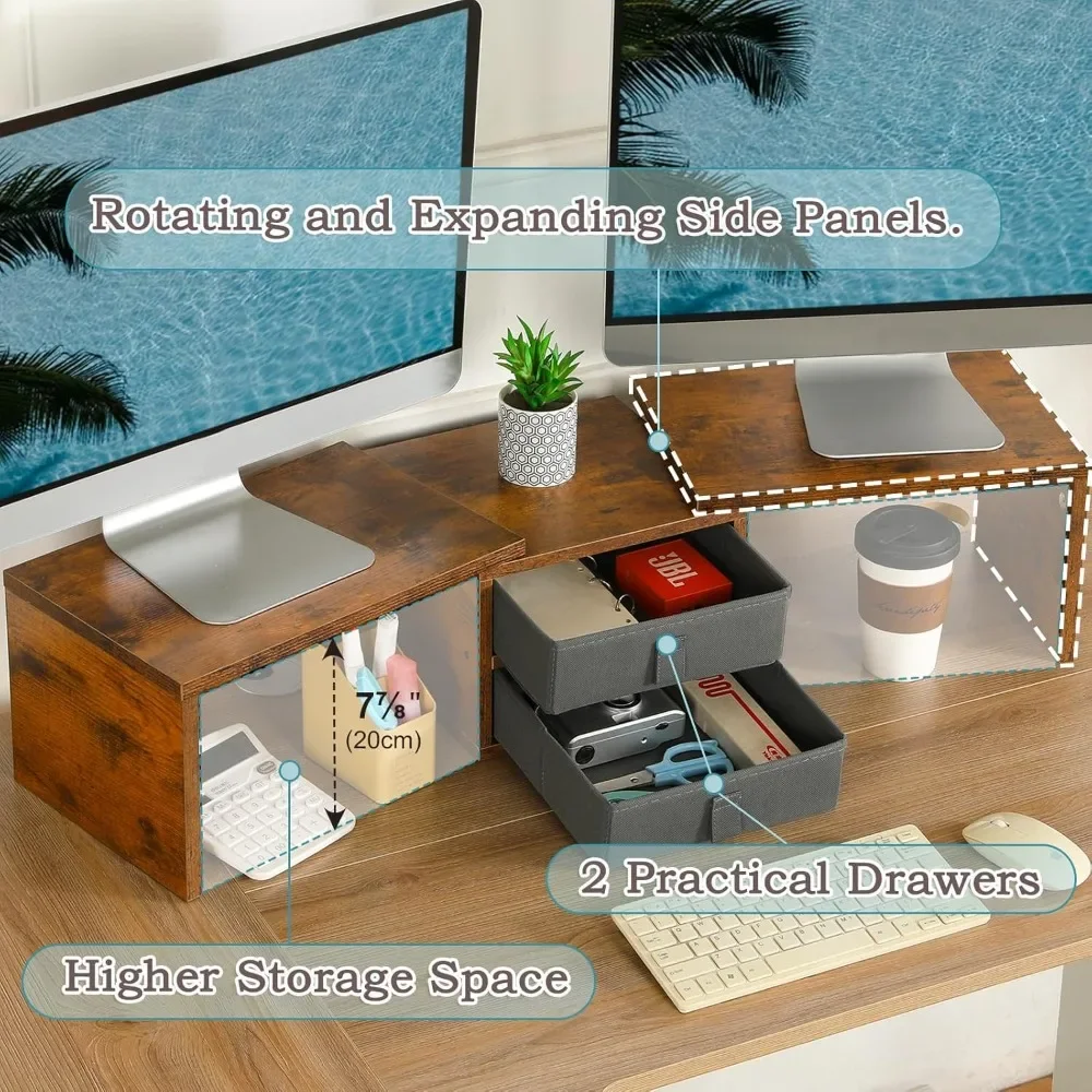 Stand Riser with 2 Drawers - Length and Angle Adjustable 3 Shelf Monitor Riser with Storage Desk Organizer Large Monitor Stand