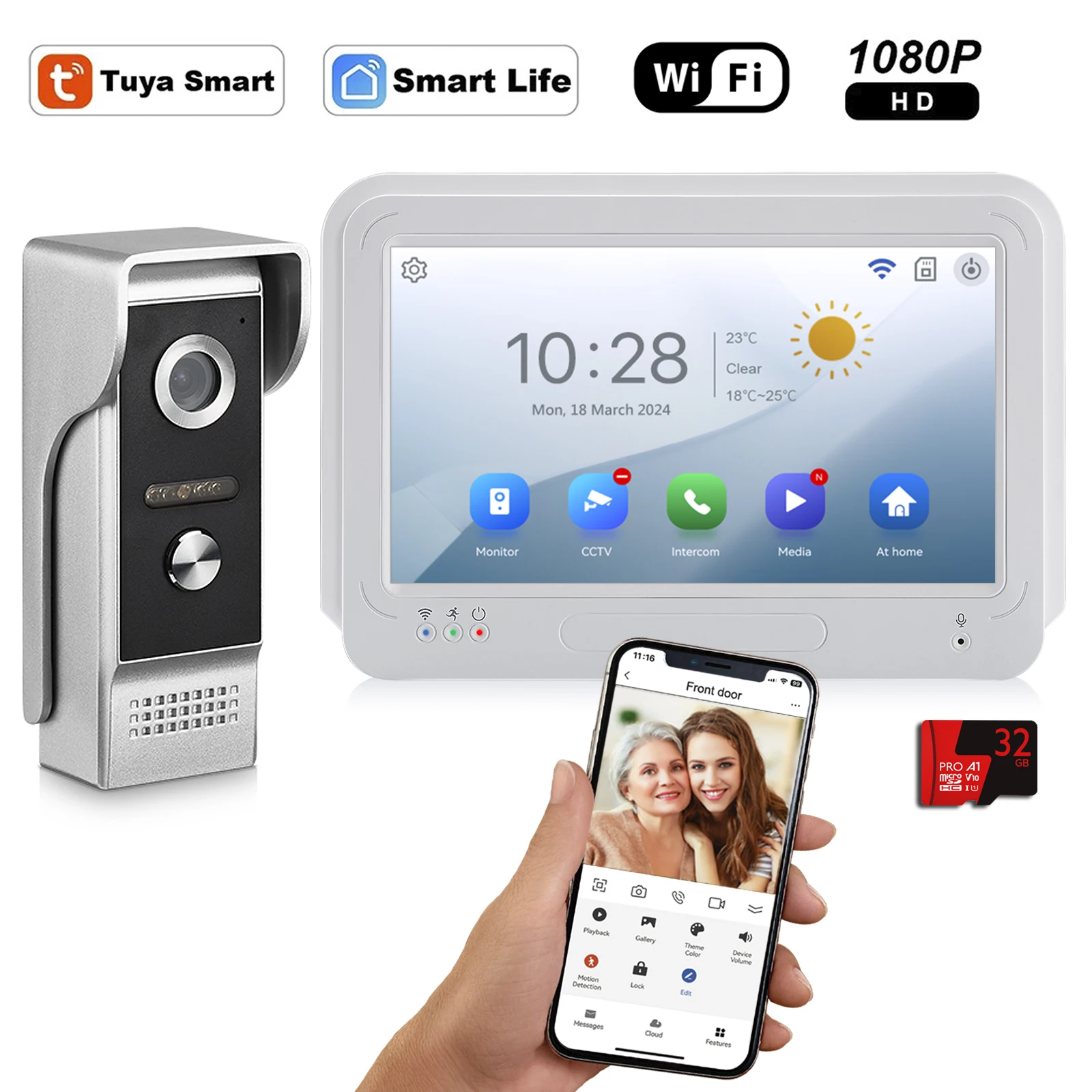1080P WiFi Video Doorbell System, 7 inch Touch Monitor 32G SD Card Video Intercom Doorphone Recording, TUYA Intercom for home