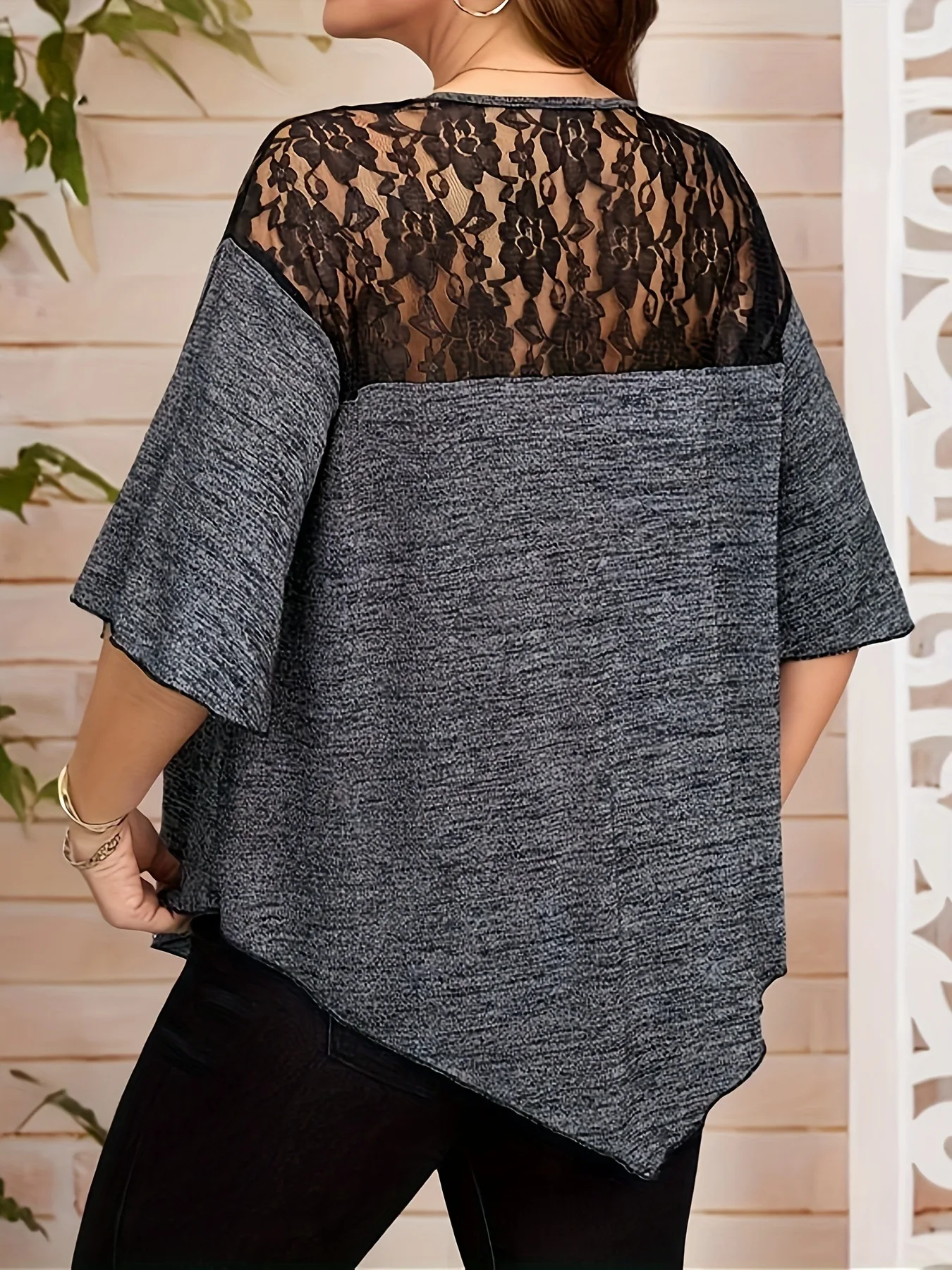2025 Women Loose T Shirt Plus Size Summer Casual Solid Lace Hollow Out Patchwork Irregular Tops Fashion Bandage V-Neck Cross Tee