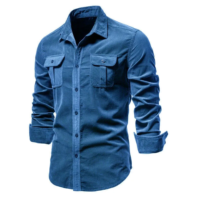 

Men's Corduroy Casual Shirt Jacket Classic Button-Up Long Sleeve with Double Pockets Shirts Vintage Turndown Collar Clothing Top