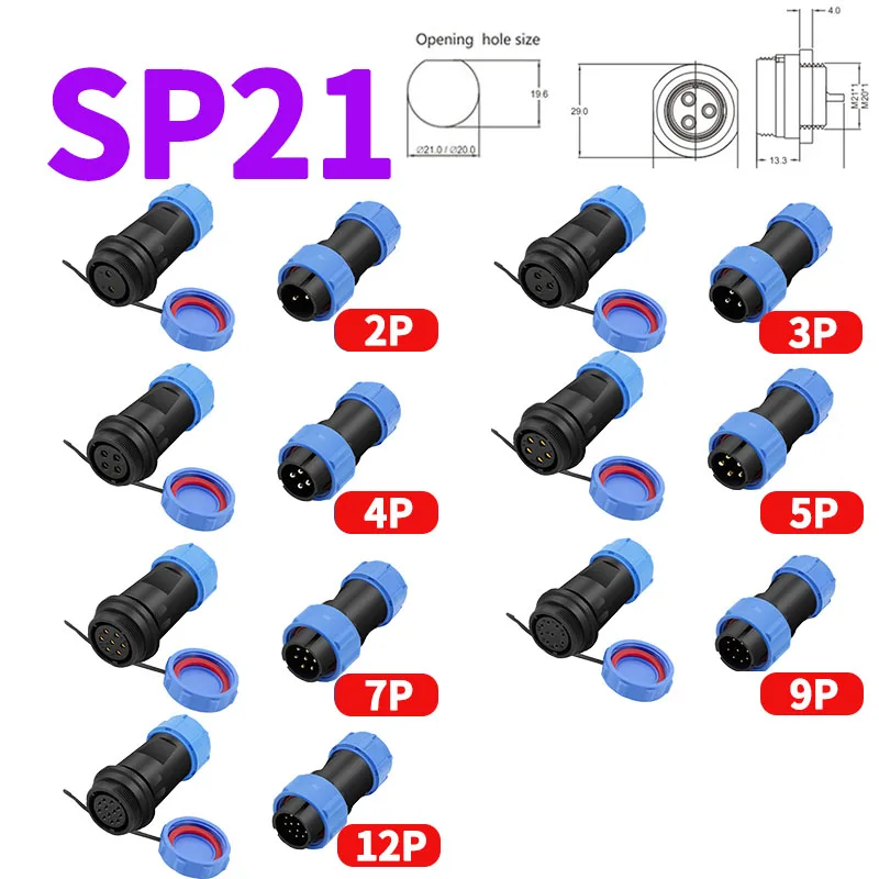 SP21 SP20 SP17 SP16 SP13 2P-12Pin Male Waterproof Plug Female Socket IP68 Industrial Circular Solar Electrical Cable Connector