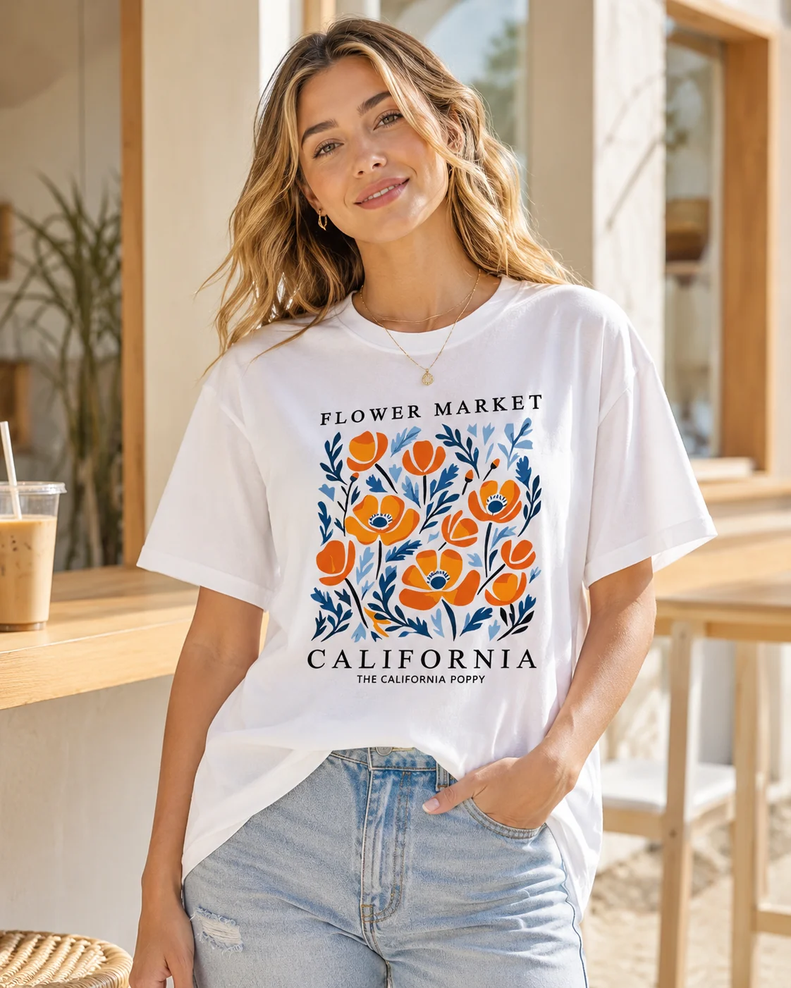 New California Yellow Flower Market Print T-Shirt for Women – Soft Cotton T-Shirt Round-Neck Casual Short-Sleeve Sports Shirt
