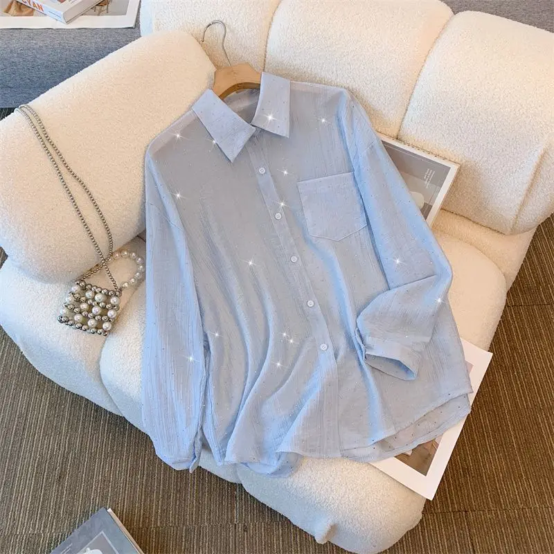 Spring Summer New Solid Color Shirt Women POLO Collar Long Sleeve Fashion Cardigan Elegant Button Patchwork Rhinestone Chic Top