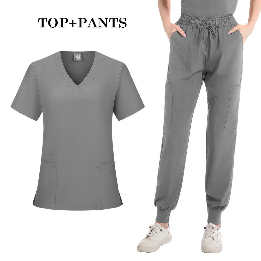 ジョガースーツ女性のナーススクラブセット医療臨床服ドクター看護制服半袖 V ネックトップスポケットパンツ