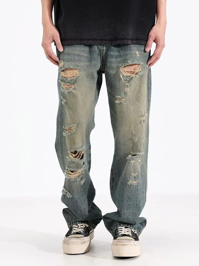 【HME】Men's Jeans | Vintage Mud‑Wash Denim Pants, Men Baggy Wide‑Leg Jeans With Heavy Multi‑Layer Ripped Frayed Holes, Elastic Back Waist Relaxed Fit Denim Trousers, Distressed Denim Bottoms For Men Street Hip‑Hop Daily Outfits