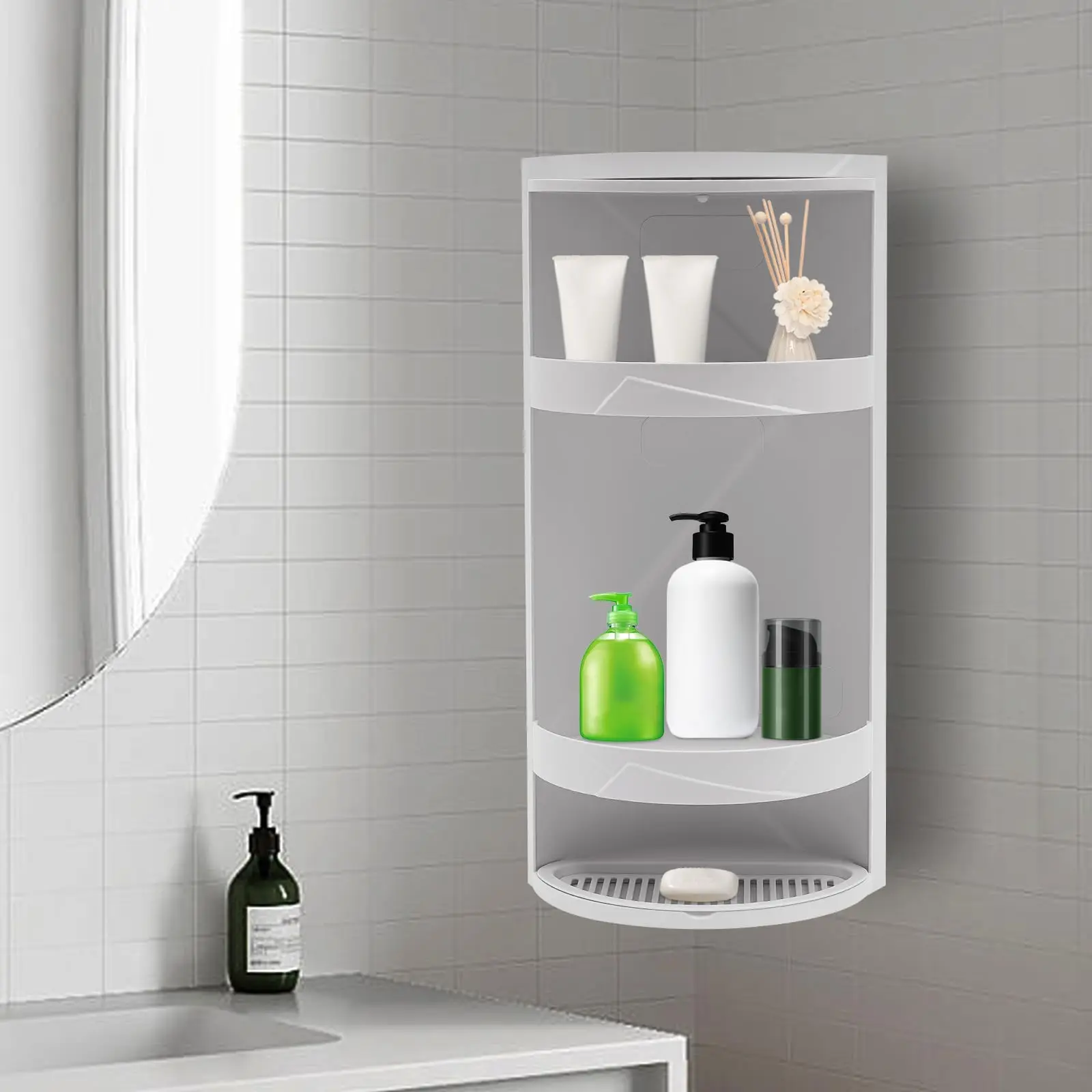 منظم زاوية الحمام، رف زاوية للحمام من 3 طبقات، خزانة حائط زاوية دوارة على سطح الطاولة، تنظيم حمام متعدد الوظائف #4