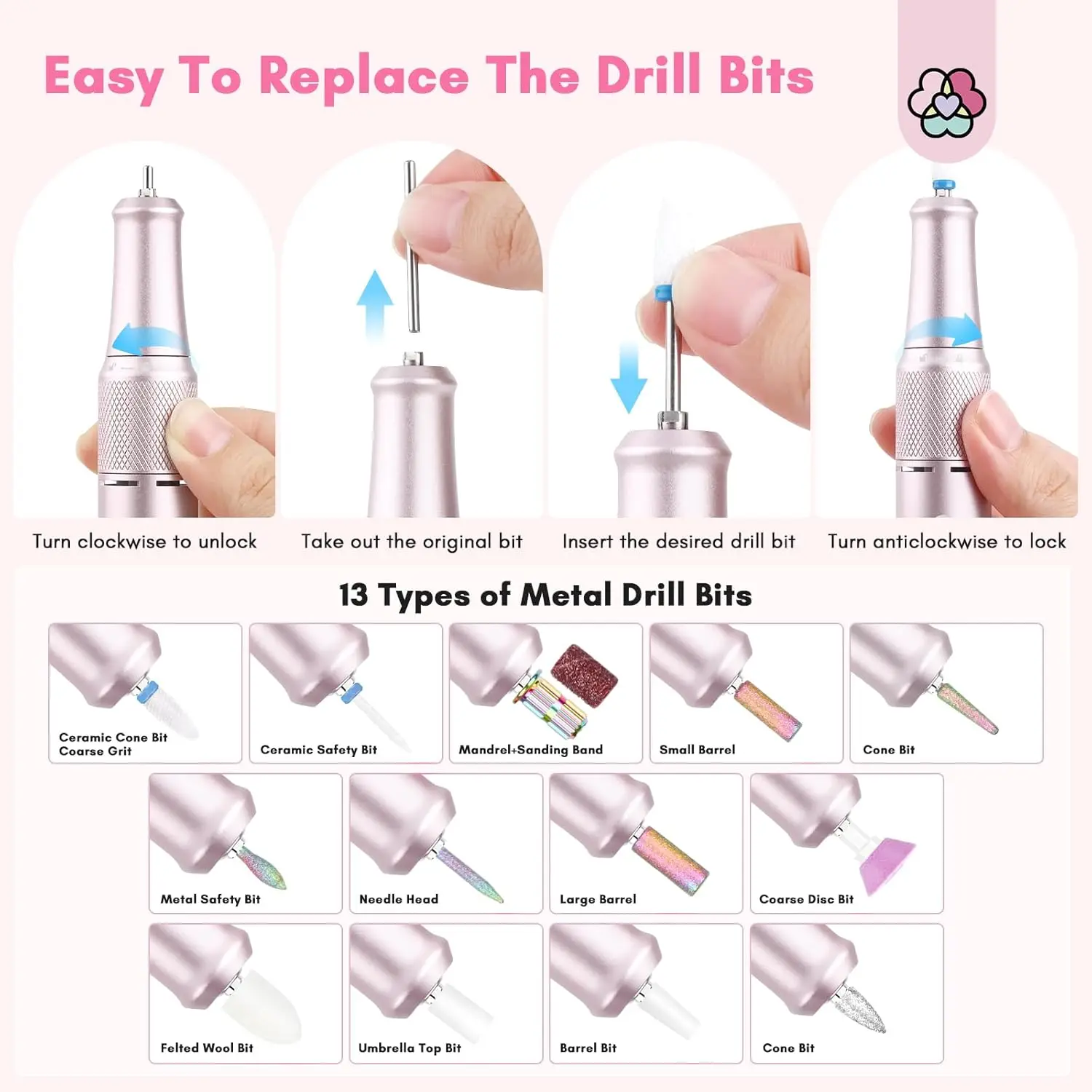 Kit de perceuse à ongles électrique professionnelle : machine 40000 tr/min avec embouts pour manucure, pédicure et retrait de l'acrylique à la maison ou au salon