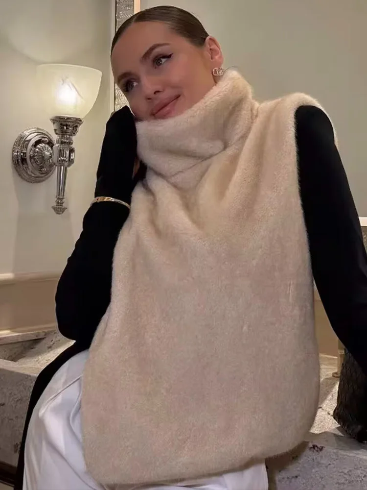 HH المرأة الدافئة عادية أكمام عالية الرقبة سترة الرجعية فو الفراء تأثير شال قصير الشتاء النساء موضة 3-اللون الصلبة شال #2