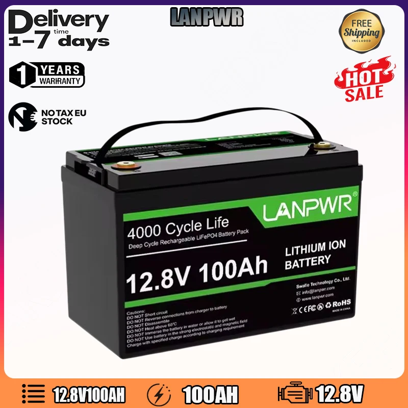 LANPWR 12.8V100AH بطارية تخزين الطاقة 1280WH الطاقة IP65 مقاوم للماء LiFePO4 بطارية مناسبة لاستخدام السيارة، بطارية احتياطية منزلية