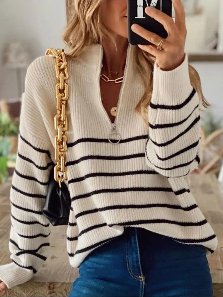 

Pulls Femmes Women's Turtleneck Autumn New Striped Color Sweater Matching Long-sleeved Top Zipper Pullover Comfortable All-match