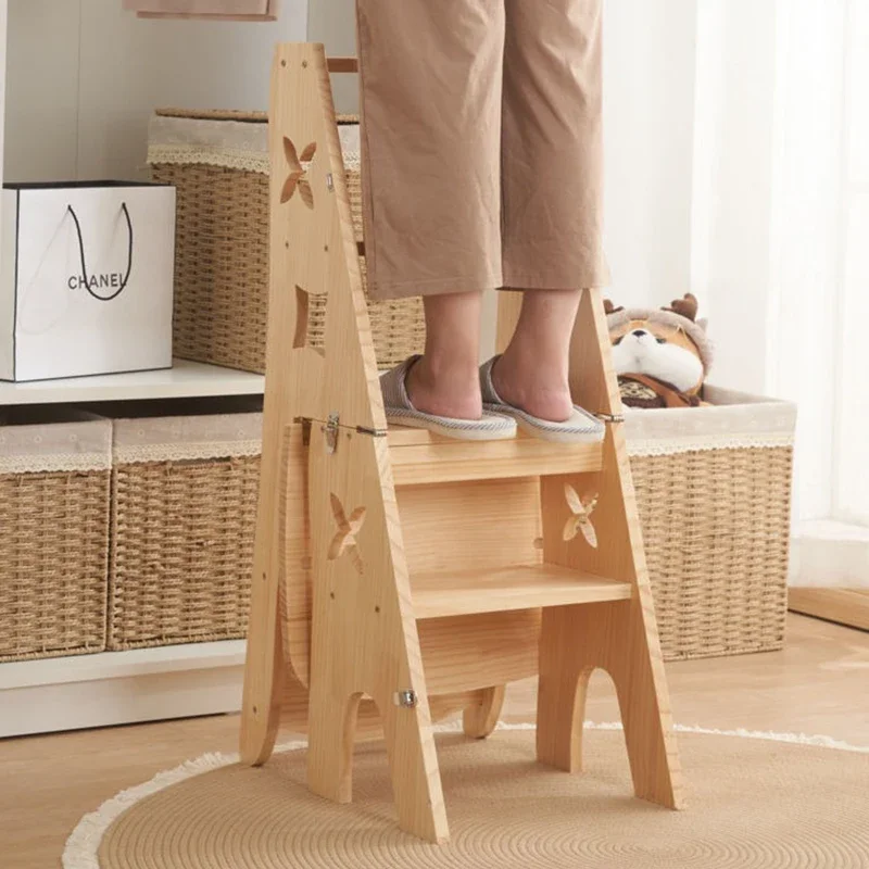 Échelle à 4 Marches en Bois Massif, Pliante, Meuble de Maison Multifonction, Facilement Réversible, avec Design à Pédale Haute