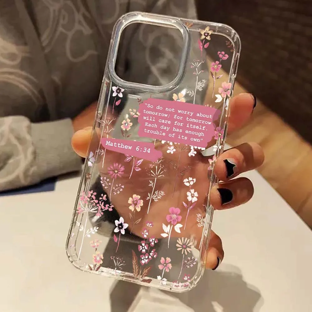 Coque de téléphone transparente avec citations de motivation, fleurs, Bible, Matthew, pour iPhone 11 12 13 14 15 16 17 Air ProMax 16E X XS XR 7 8 Plus