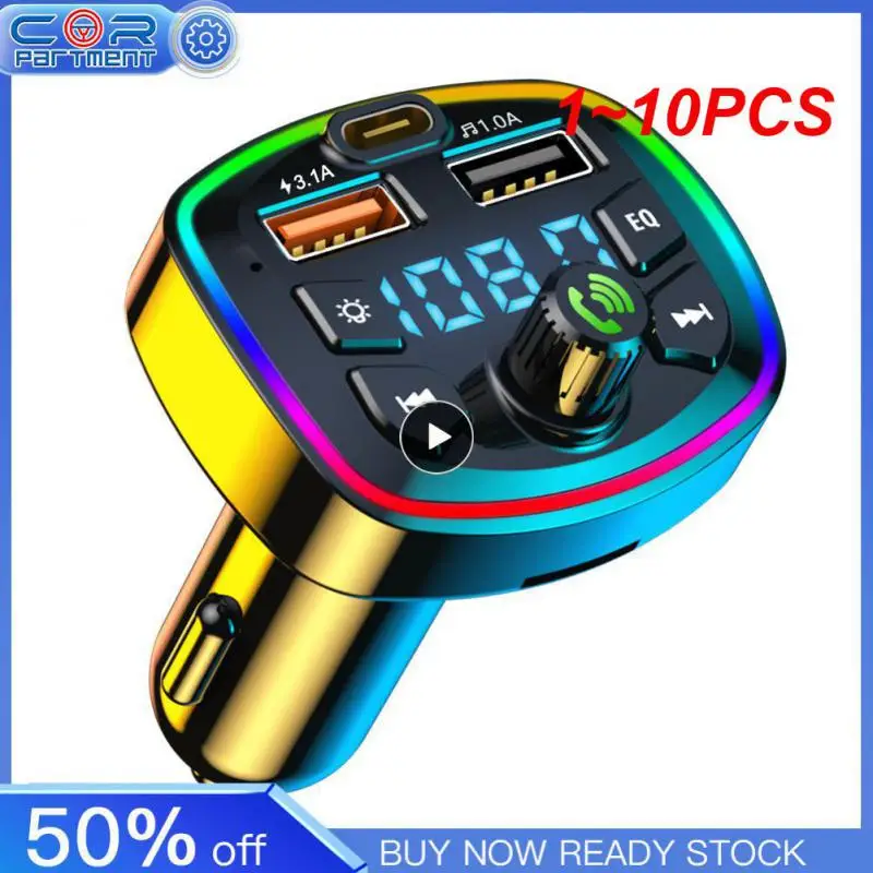 1~10PCS Car Bluetooth 5.0 Charger Dual Usb Pd 18w Type-c Cigarette Lighter Hands-free Fm Transmitter 3.1a Colorful Ambient Light