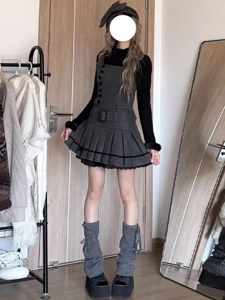 

2026 New Gothic Y2K Women 2-Piece Set Black Long Sleeve Blouses + Pleated Strap Dress New Fashion Belted Harajuku Retro Outfits