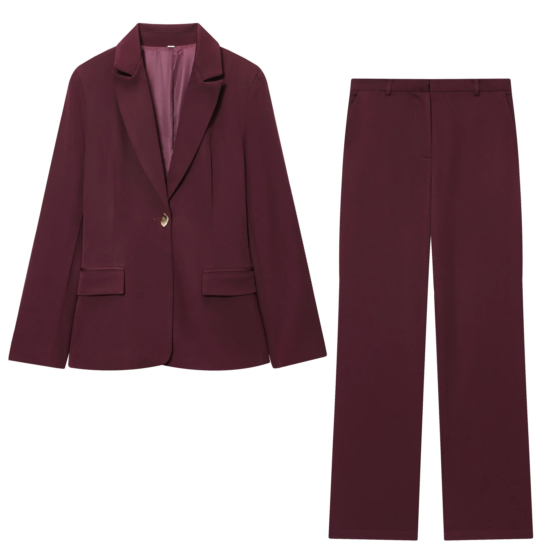 

Woman's Chic Suit Tailored Blazer Lapel Long Sleeves with Shoulder Pads Mid-rise Seamed Straight Leg Pants Fall New Fashion Set