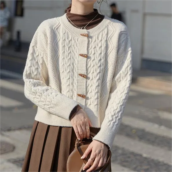 

Однотонный свитер-кардиган, женский однобортный свитер с круглым вырезом, толстые джемперы с длинными рукавами, повседневные женские осенне-зимние
