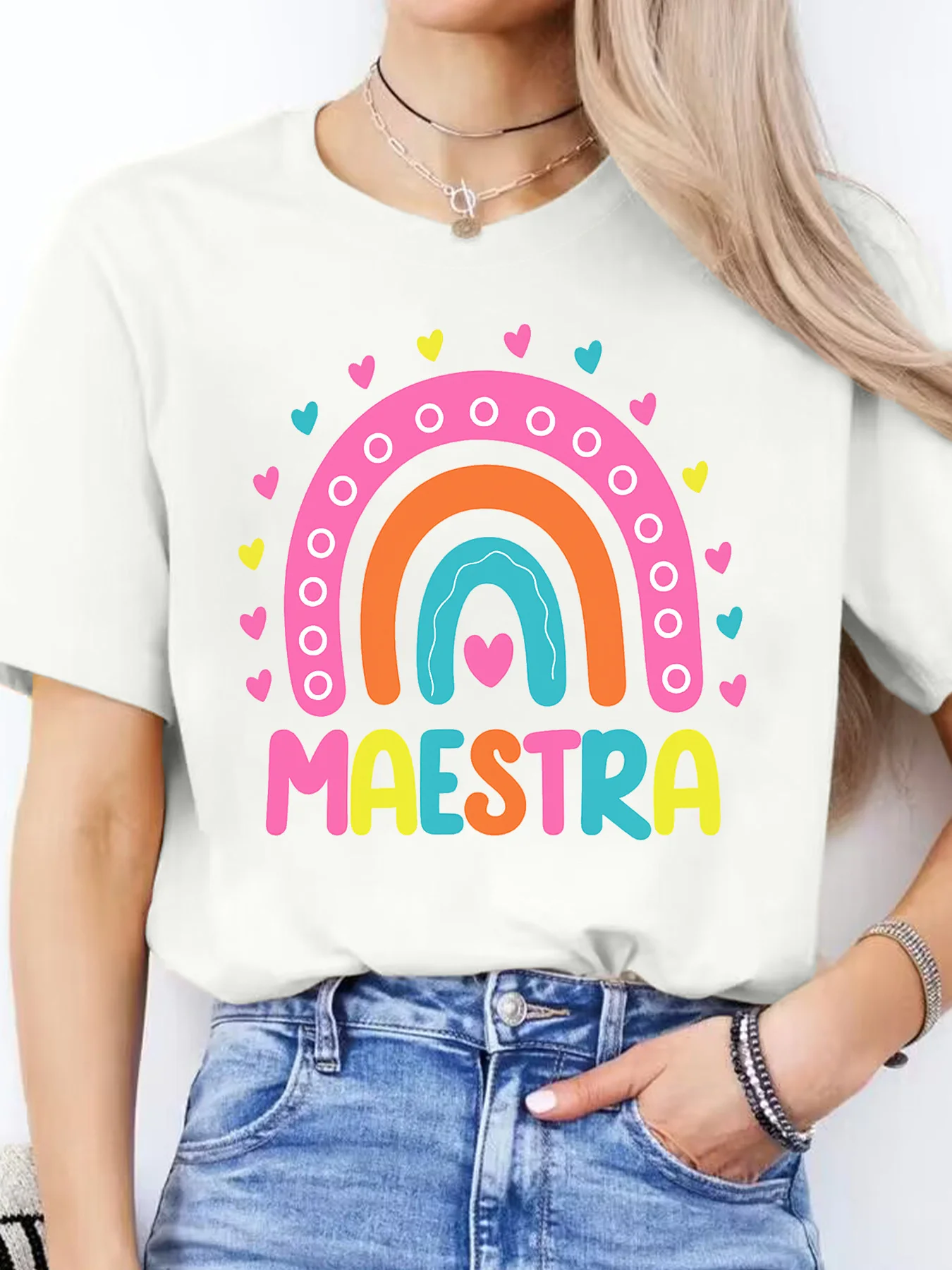 Spanish Letter Print Spring and Summer Casual Round Neck Short-Sleeved T-Shirt Women's Top