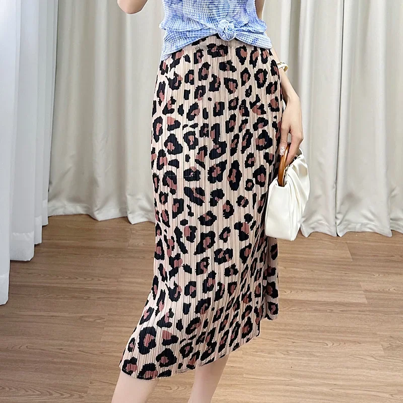 Miyake Pleated Skirt Women's 2024 Summer New Style High-waisted Temperament Slimming Slit Fashionable Mid-length Printed Skirt