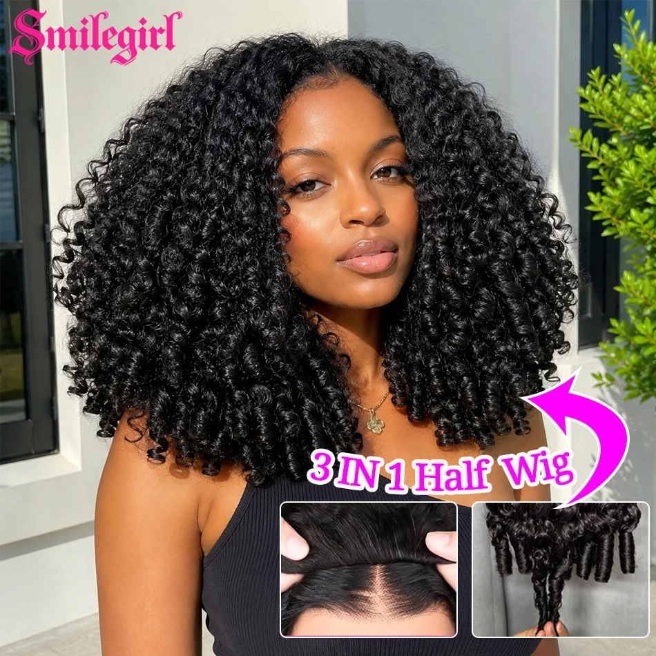 

Half Wig Human Hair Wigs 200% Density Burmese Curly Human Hair Wigs 10-30 Inch 3 In 1 Invisible Hairline Wear Go With Drawstring Seamless