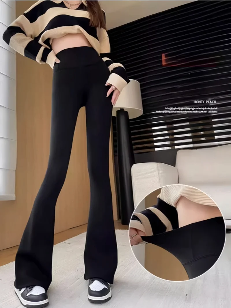 กางเกงแฟลร์ผู้หญิงทรงสลิมเอวสูงสีพื้นเซ็กซี่ทรงขาบานแฟชั่นลำลองสไตล์สตรีทแวร์ผ้ายืดกระชับสะโพก