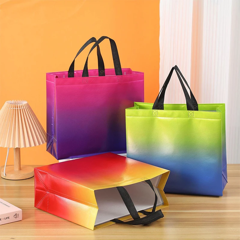 Gradient Color Non-Woven Tote Bags, Brightly Colored Gift Bags with a Festive Style, Waterproof Coated Fabric, Reinforced Stitched Handles, Eco-Friendly Large-Capacity Foldable Shopping Bags, Blank Surface Suitable for Hand-Painting, Heat Transfer Printing, Suitable for Retail Shopping, Clothing Stores, Cosmetics Stores Packaging, and Gift Bags for Birthdays, Weddings, Christmas, and Halloween