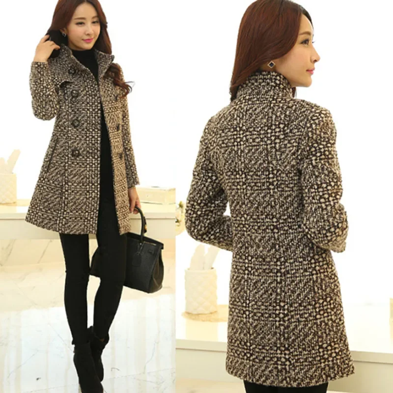 TPJB New Women Wool Blends Coat Winter Autumn Fashion Elegant Mother High Quality Plaid Slim Long Tweed Woolen Outerwear Female