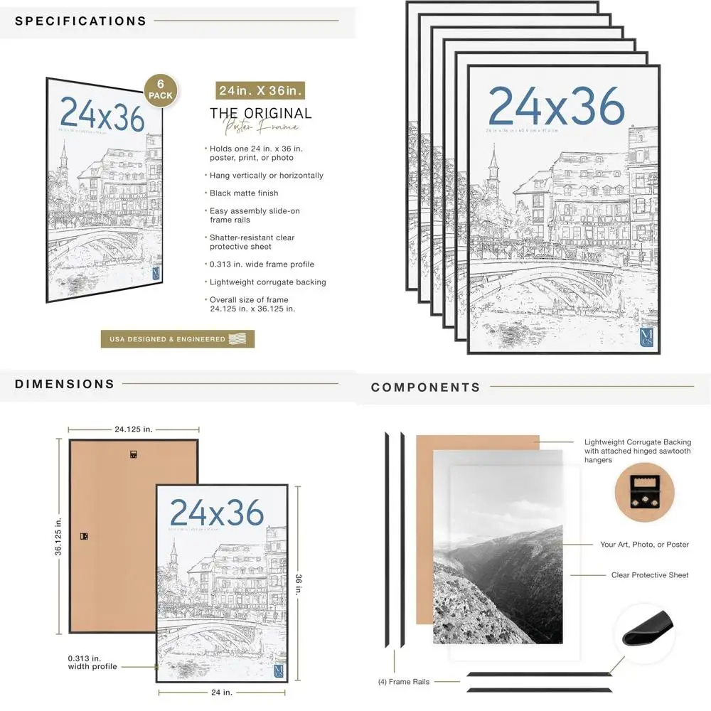 

Набор из 6 черных рам для плакатов размером 24x36 дюймов, подходящих для вертикального или горизонтального отображения произведений искусства и печати.