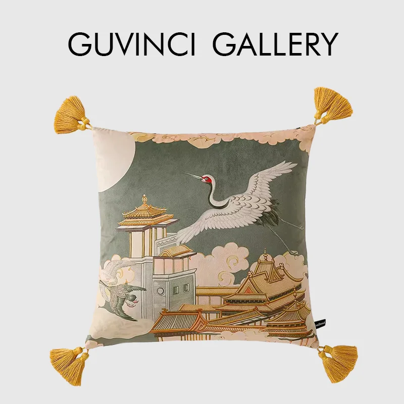 

GUVINCI Fantastical Style Throw Pillow Cover Chinese Flying Crane Ancient Empire Building Print Cushion Case With Gold Tassels