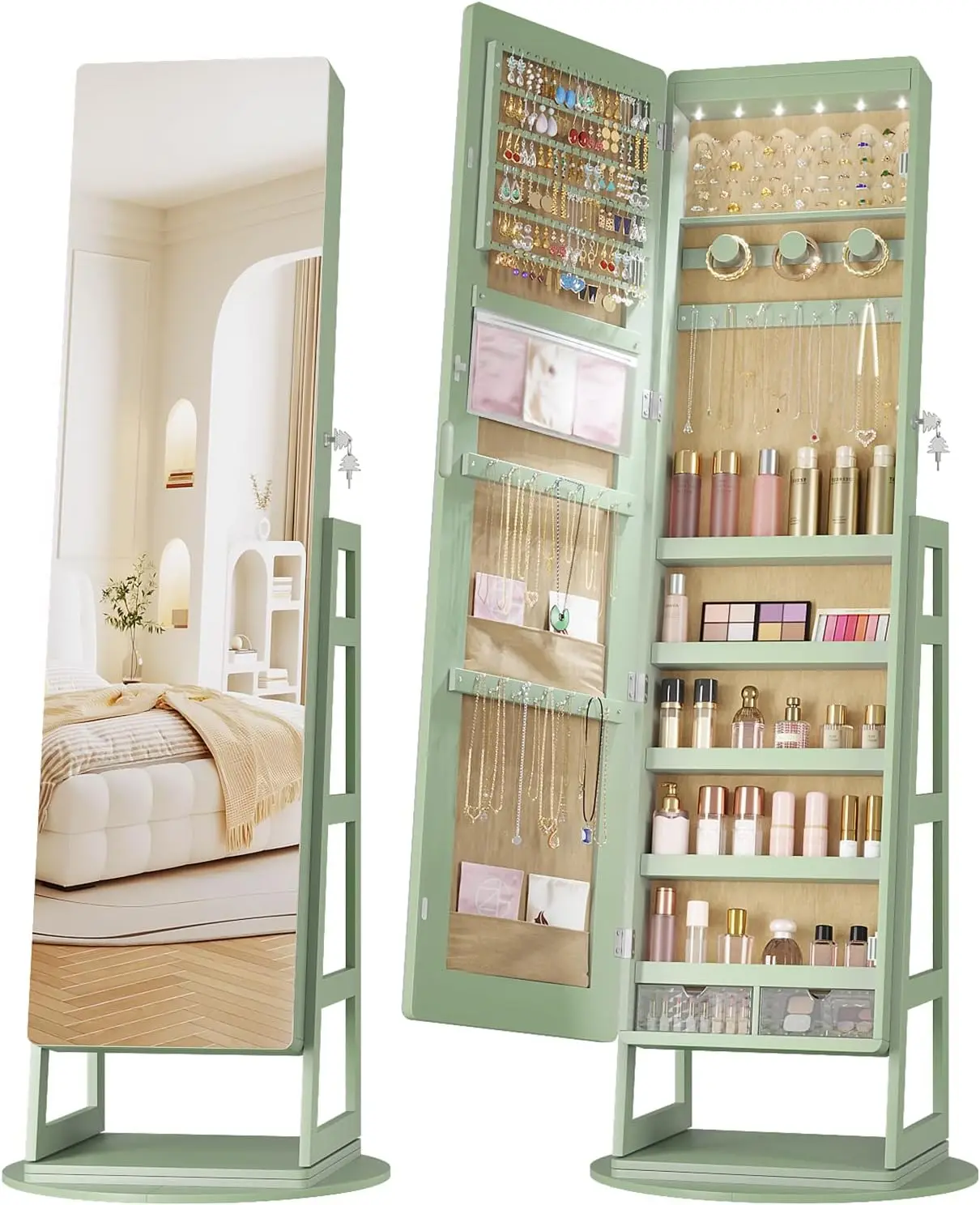 360 Swivel Jewelry Cabinet with 6 LED Lights, with 4 Rear Shelves & Hooks, White Surface, Black Lining