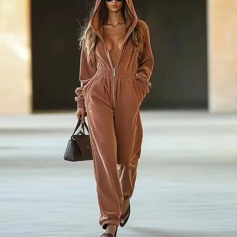 

2026 Spring New Wide Leg Pants Jumpsuits Woman Casual Zipper Hooded Sweatshirt Overalls Autumn Solid Slim Pocket Straight Romper
