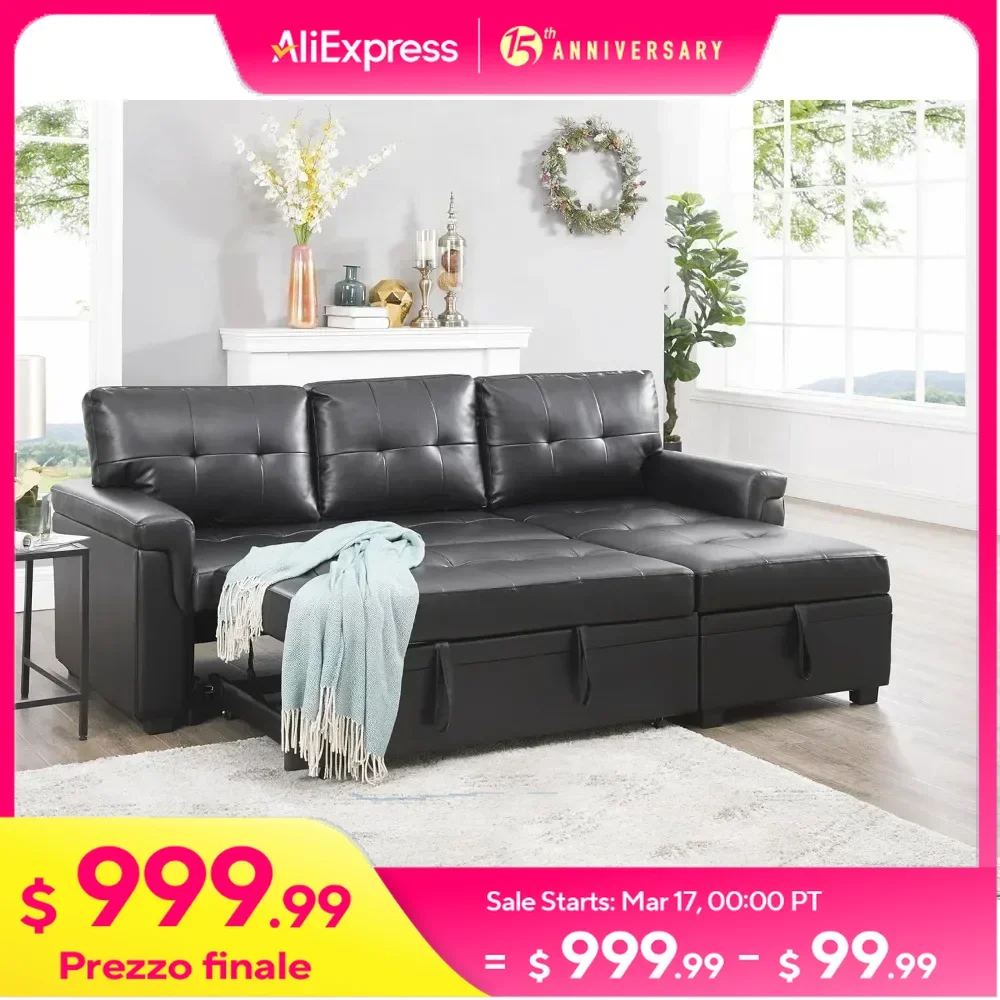 Sectional Sofa Sleeper with Storage Chaise Tufted Pull Out Couch with Storage L-Shaped Reversible Sleeper Sofa