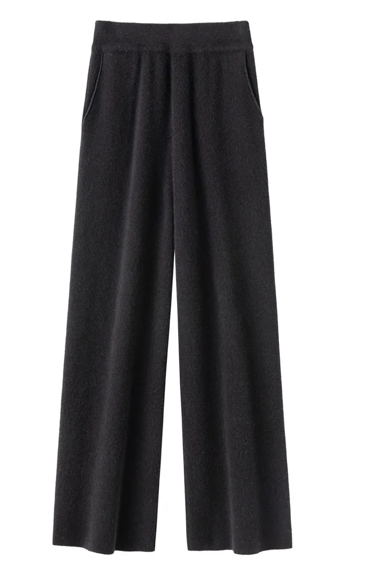 Elegant Pure High Waist Drooping Wide-Leg Pants Women's Outer Wear with Pockets Baggy Straight Trousers Knitted Mop Trousers