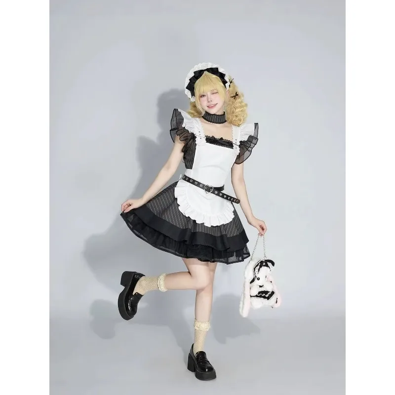 

Vintage Elegant France Maid Cosplay Dress Japanese Subculture Short Sleeve Mesh Dress White Apron Black Dress Gown Vestidos Set