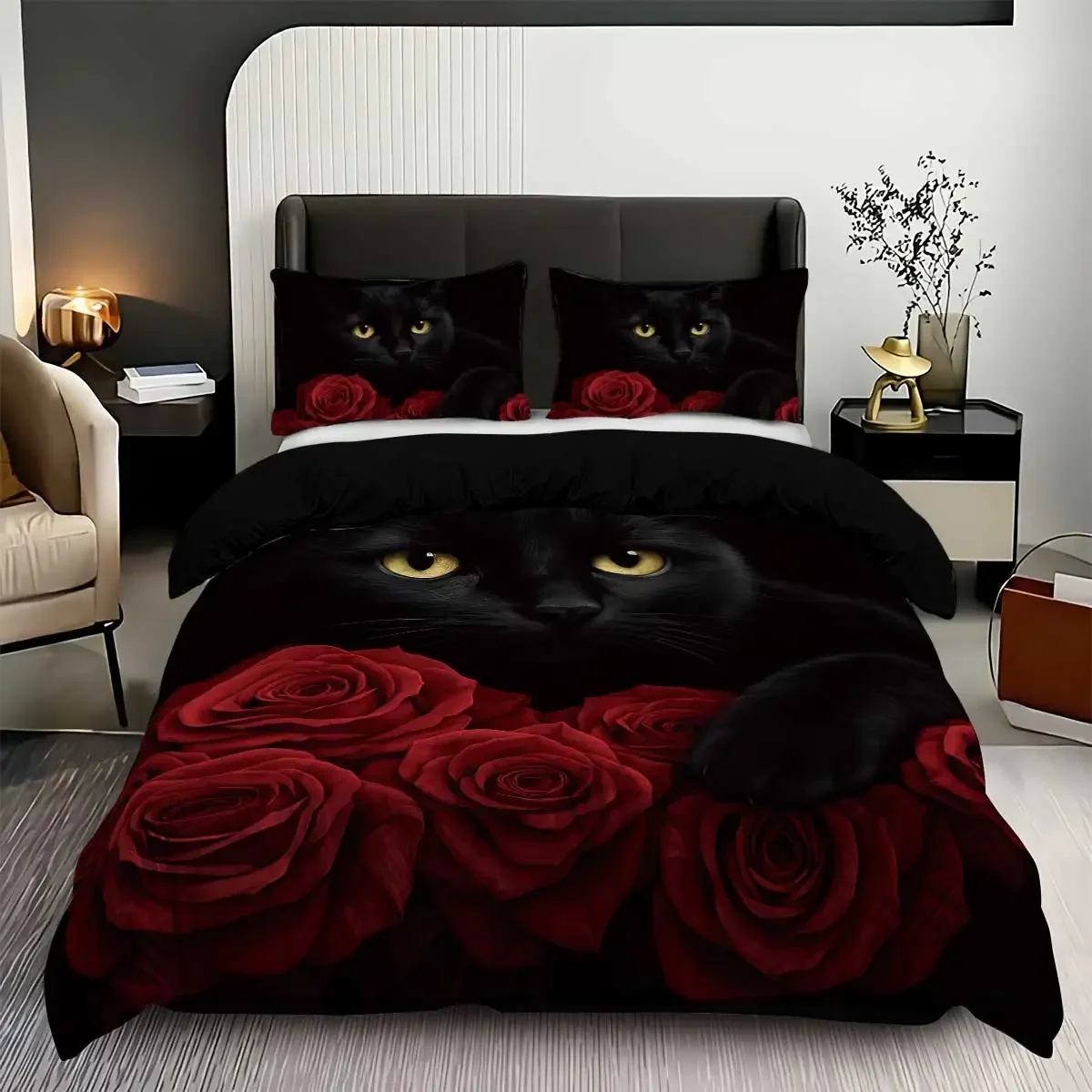 

3pcs Black cat pattern printed bedding set, 1*quilt cover+2*pillowcase, suitable for king bed, single bed for all seasons
