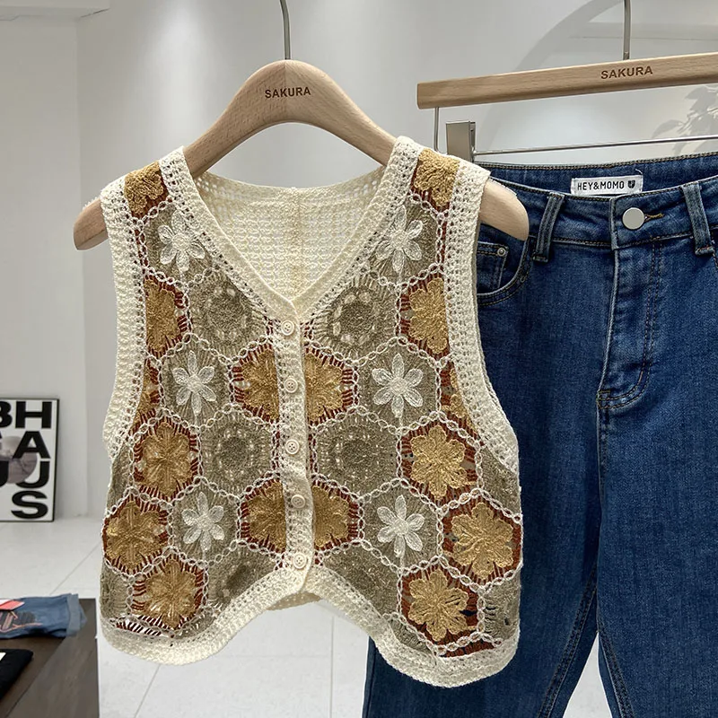 Women Crochet Knit Top Chiffon Sleeve Button Down Granny Square Knit Blouse Cardigan Teen-girl Spring Summer Fairycore Outfit