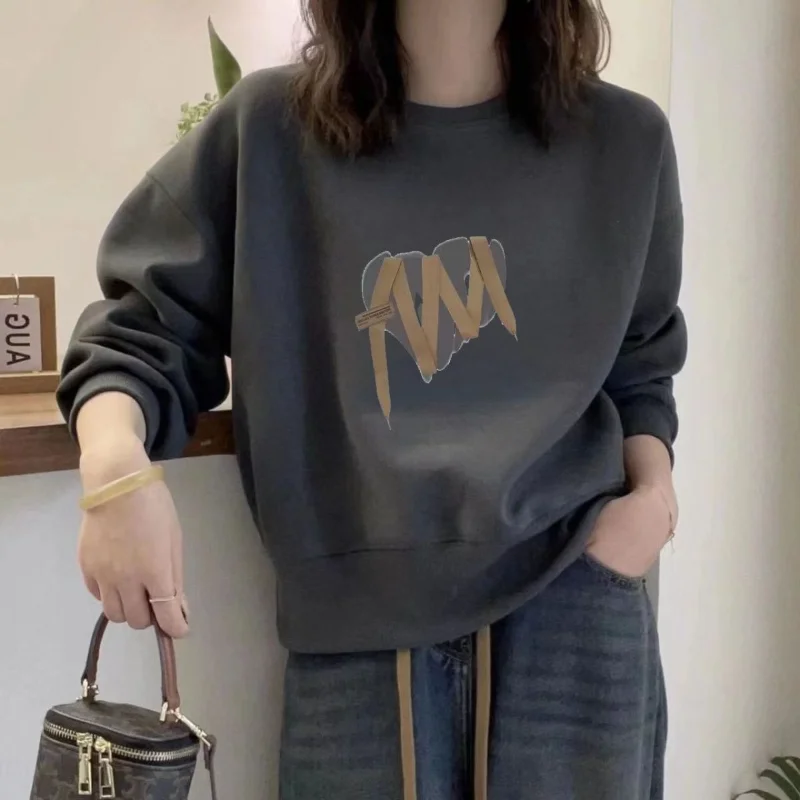 Rundhals-Sweatshirt, vielseitig, modisch, neu, koreanisch, bedruckt, plus Samt, warm, Herbst und Winter, lockeres Langarm-Top