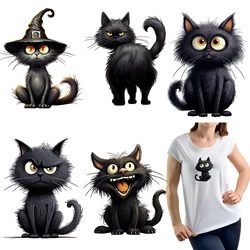 Cartoon Interesting Black Cat DTF Thermo Sticker Decals Heat Transfer On Clothes Iron On Patch For Hoodies Press Printing