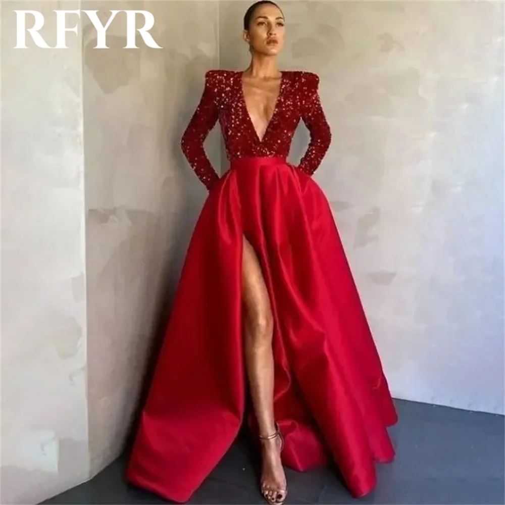 RFYR Blue Sexy Formal Dresses V-Neck Party Dress For Wedding Stain Pleats Special Occasion Dresses with Side Split robe soirée