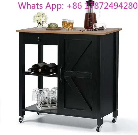 Farmhouse Kitchen Island with Storage Drawer Wine Rack, Kitchen Cart Microwave Stand