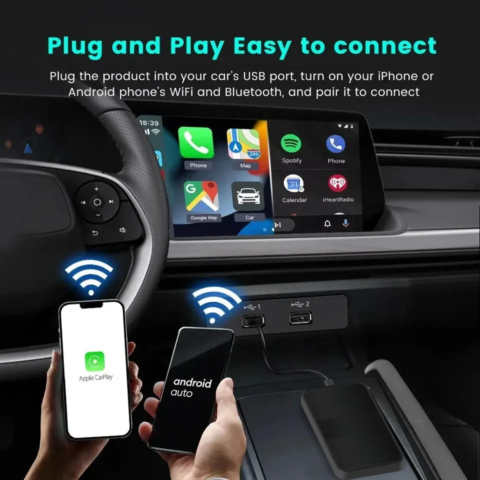 Mini puce Qualcomm filaire vers Carplay sans fil, AI Box, Bluetooth, WiFi, Android Auto, Netflix, prometteur, 2024G et 2.4 mesurz, 2 en 1, 5.8