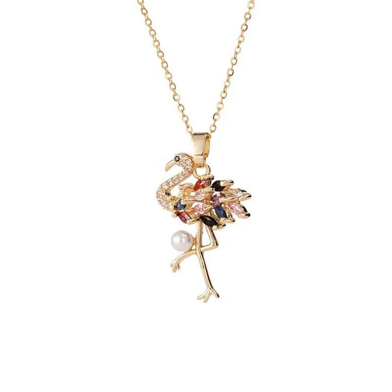 Ketting Vrouwen 18K Vergulde Kleurrijke Zirkoon Kristallen Dier Flamingo Populaire Mode Sieraden Paar Cadeau